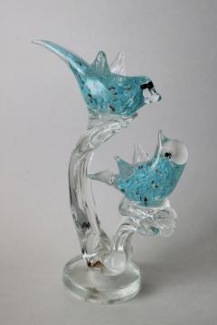 copper flecked adventurine art glass figurine hand blown glass, blue love birds on a branch 