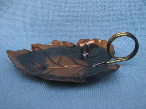 photo of copper leaf shape dishes, hand-wrought leaves w/ brass ring handles #2