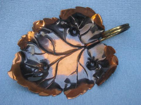 photo of copper leaf shape dishes, hand-wrought leaves w/ brass ring handles #3