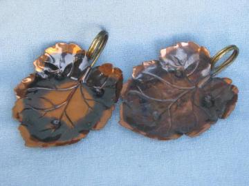 catalog photo of copper leaf shape dishes, hand-wrought leaves w/ brass ring handles