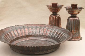 catalog photo of copper w/ silver wash vintage tooled metalware, large bowl & pair of candlesticks