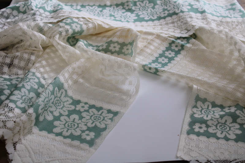 photo of cottage chic lace curtains, vintage green & cream panels w/ ruffled valance #1