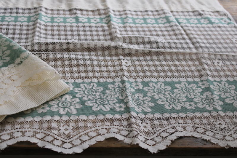 photo of cottage chic lace curtains, vintage green & cream panels w/ ruffled valance #2