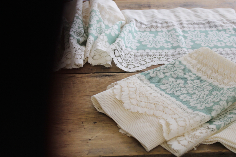 photo of cottage chic lace curtains, vintage green & cream panels w/ ruffled valance #6