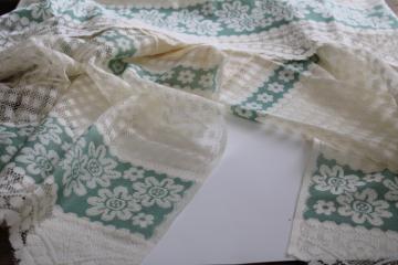 cottage chic lace curtains, vintage green & cream panels w/ ruffled valance