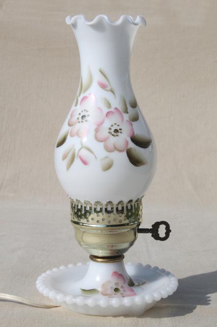 photo of cottage chic vintage milk glass lamp w/ hurricane shade, apple blossom floral #1