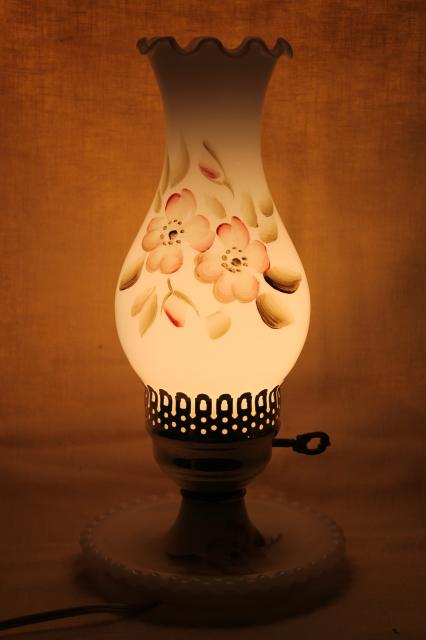 photo of cottage chic vintage milk glass lamp w/ hurricane shade, apple blossom floral #2