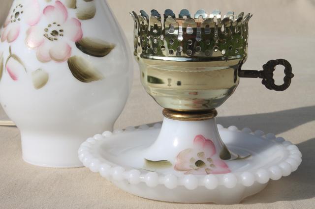 photo of cottage chic vintage milk glass lamp w/ hurricane shade, apple blossom floral #4