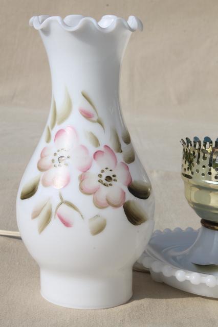 photo of cottage chic vintage milk glass lamp w/ hurricane shade, apple blossom floral #5