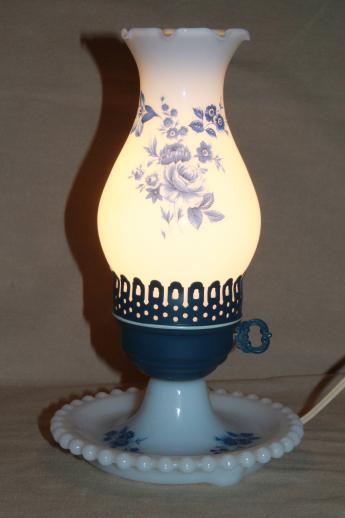 photo of cottage chic vintage milk glass lamp w/ hurricane shade, blue chintz floral #1