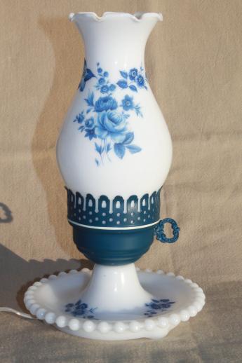 photo of cottage chic vintage milk glass lamp w/ hurricane shade, blue chintz floral #2