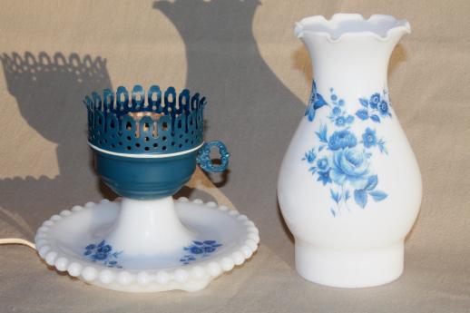 photo of cottage chic vintage milk glass lamp w/ hurricane shade, blue chintz floral #4