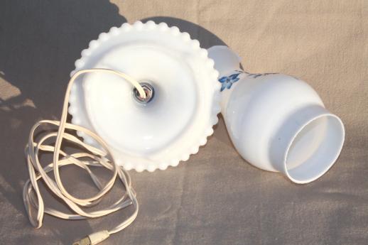 photo of cottage chic vintage milk glass lamp w/ hurricane shade, blue chintz floral #5