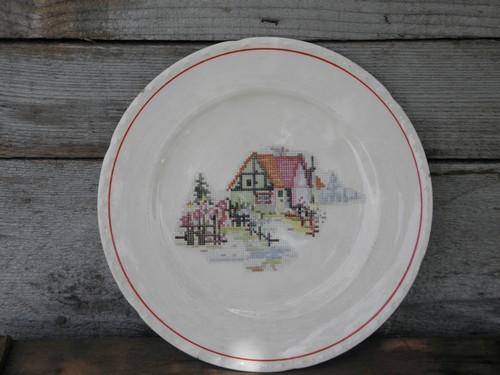 photo of cottage scene petit-point pattern plate, vintage Crooksville pottery #1