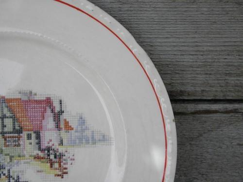 photo of cottage scene petit-point pattern plate, vintage Crooksville pottery #2