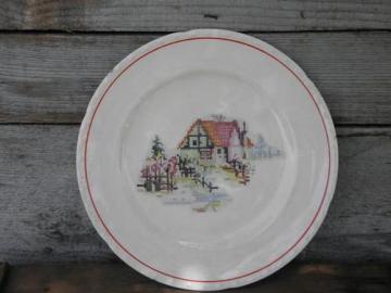 catalog photo of cottage scene petit-point pattern plate, vintage Crooksville pottery