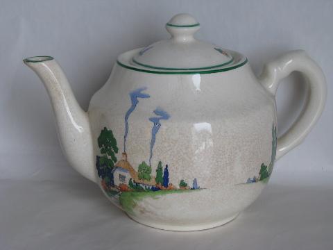 photo of cottage scene vintage kitchen china teapot, 1930s Harker Hotoven pottery #1