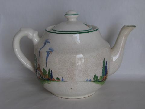 photo of cottage scene vintage kitchen china teapot, 1930s Harker Hotoven pottery #2