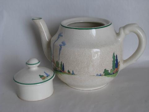 photo of cottage scene vintage kitchen china teapot, 1930s Harker Hotoven pottery #3