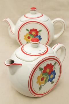 catalog photo of cottage style vintage tea & coffee pots, bright flowers hand painted Japan ceramic 