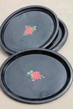 catalog photo of cottage tray set, shabby vintage tole trays w/ hand-painted flowers on black