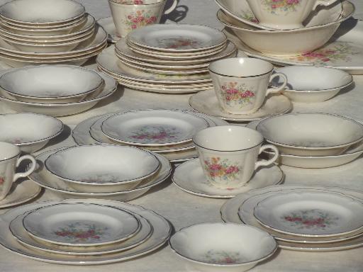 photo of cottage vintage china, old Knowles pottery dishes w/ pink roses & flowers #1