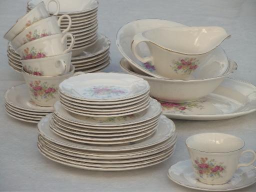 photo of cottage vintage china, old Knowles pottery dishes w/ pink roses & flowers #2