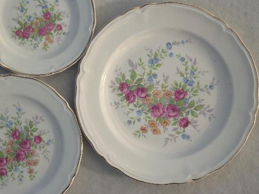 photo of cottage vintage china, old Knowles pottery dishes w/ pink roses & flowers #5