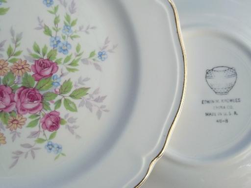 photo of cottage vintage china, old Knowles pottery dishes w/ pink roses & flowers #7