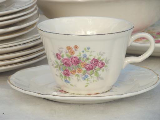 photo of cottage vintage china, old Knowles pottery dishes w/ pink roses & flowers #8