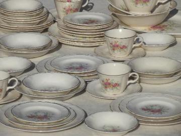 catalog photo of cottage vintage china, old Knowles pottery dishes w/ pink roses & flowers