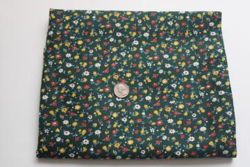 cottagecore 70s vintage calico flowered print cotton fabric, tiny print on dark green