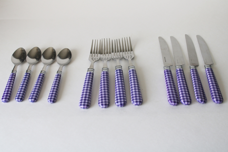 photo of cottagecore lavender purple gingham plastic handled stainless flatware set for 4  #1