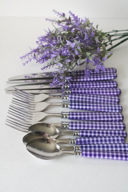 photo of cottagecore lavender purple gingham plastic handled stainless flatware set for 4  #2