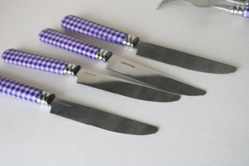 photo of cottagecore lavender purple gingham plastic handled stainless flatware set for 4  #3