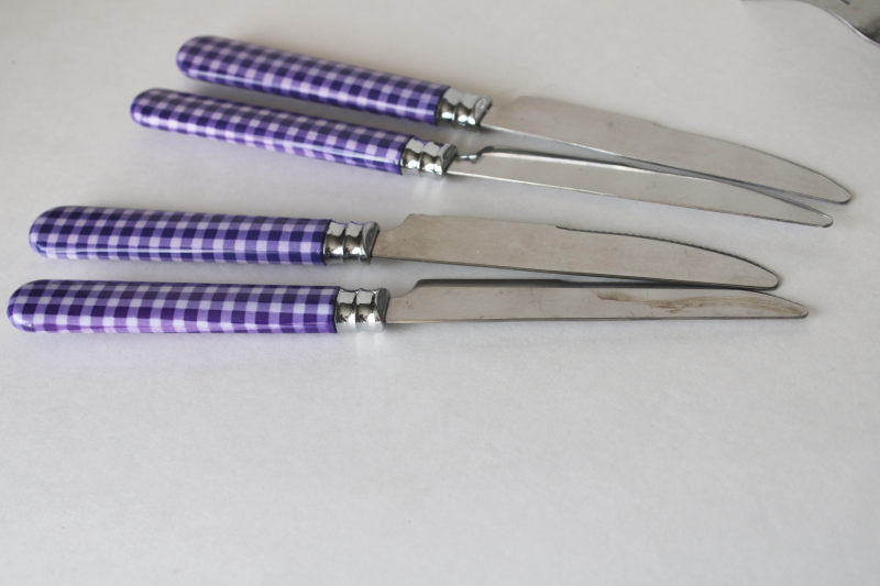 photo of cottagecore lavender purple gingham plastic handled stainless flatware set for 4  #4