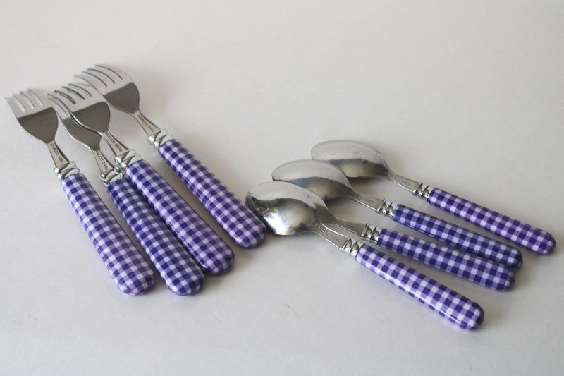 photo of cottagecore lavender purple gingham plastic handled stainless flatware set for 4  #5