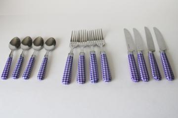 catalog photo of cottagecore lavender purple gingham plastic handled stainless flatware set for 4 