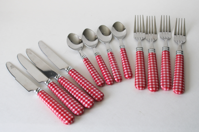 photo of cottagecore red & white gingham plastic handled stainless flatware set for 4  #1