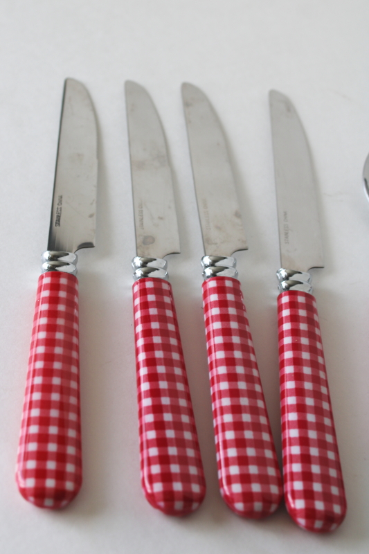 photo of cottagecore red & white gingham plastic handled stainless flatware set for 4  #2