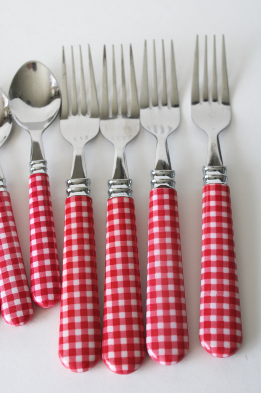 photo of cottagecore red & white gingham plastic handled stainless flatware set for 4  #3