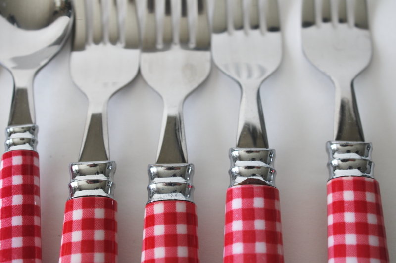 photo of cottagecore red & white gingham plastic handled stainless flatware set for 4  #4