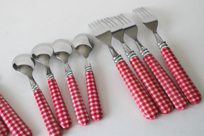 photo of cottagecore red & white gingham plastic handled stainless flatware set for 4  #5