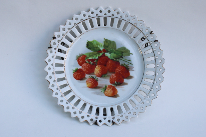 photo of cottagecore strawberries print antique china plate w/ reticulated open lace border, early 1900s vintage Germany  #1
