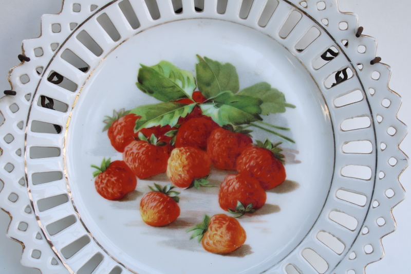 photo of cottagecore strawberries print antique china plate w/ reticulated open lace border, early 1900s vintage Germany  #2