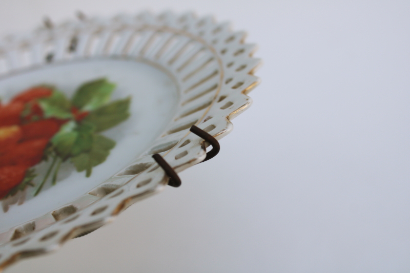 photo of cottagecore strawberries print antique china plate w/ reticulated open lace border, early 1900s vintage Germany  #7