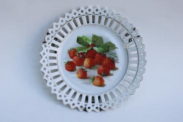 cottagecore strawberries print antique china plate w/ reticulated open lace border, early 1900s vintage Germany