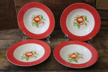 catalog photo of cottagecore vintage dishes, red & white dotted border soup bowls w/ apple print