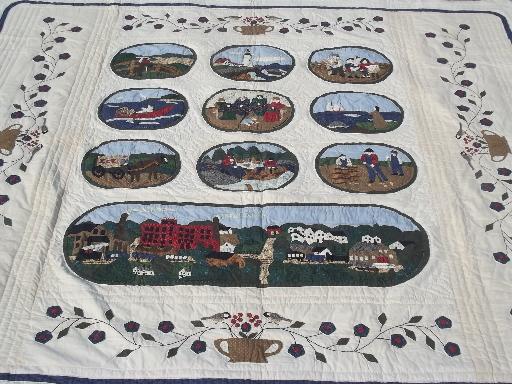 photo of cotton applique quilt bedspread w/ old time Maine scenes, vintage LL Bean #1