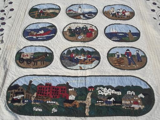 photo of cotton applique quilt bedspread w/ old time Maine scenes, vintage LL Bean #4